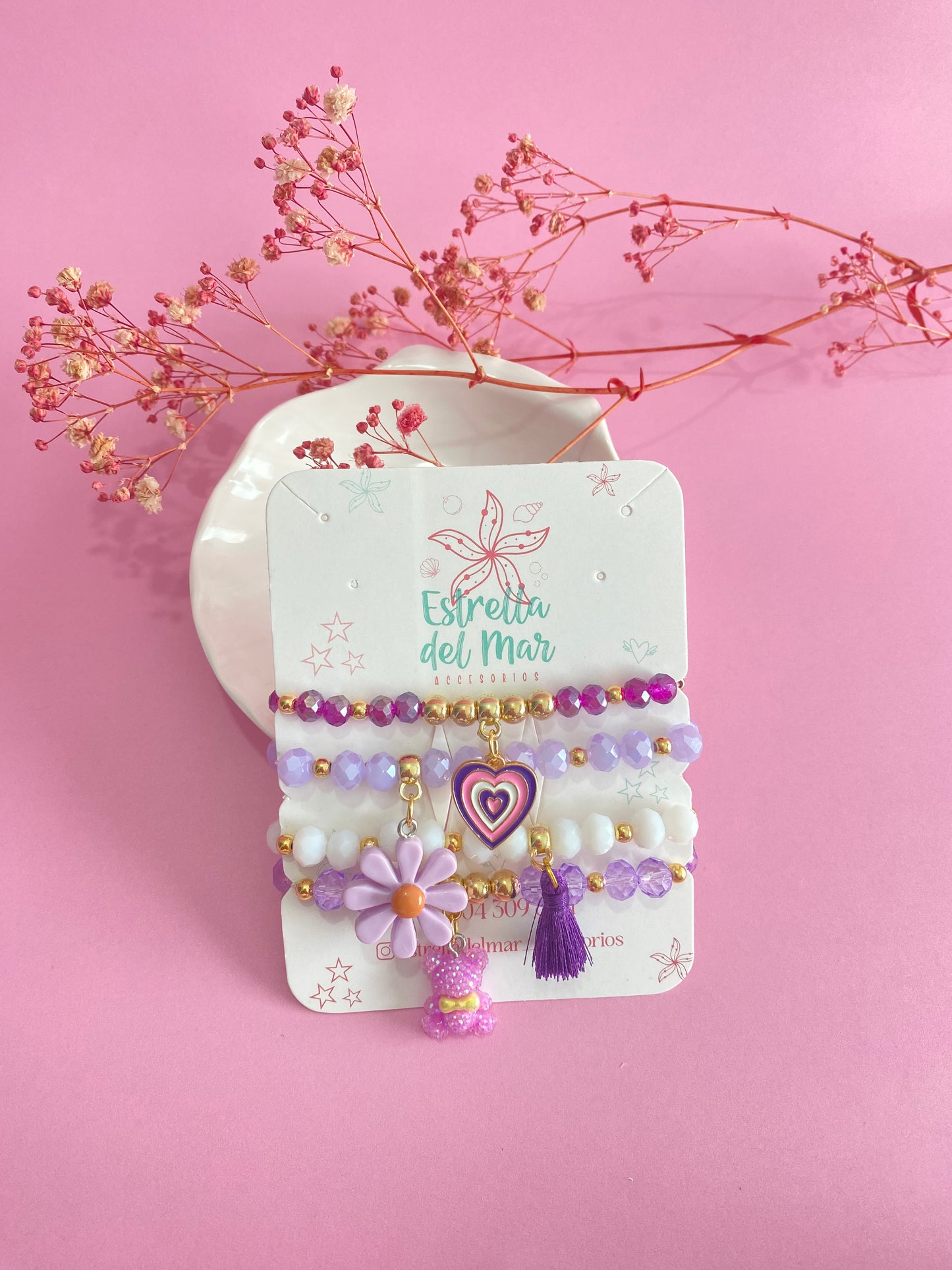 Set X4 Pulseras Corazón Morado