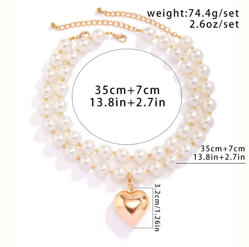 Collar Dúo Perlas Corazón Chunky