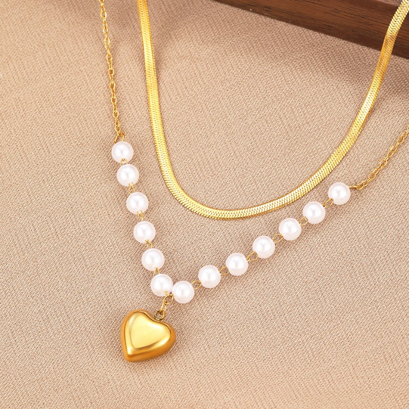 Collar Dúo Serpiente Perlas Corazón