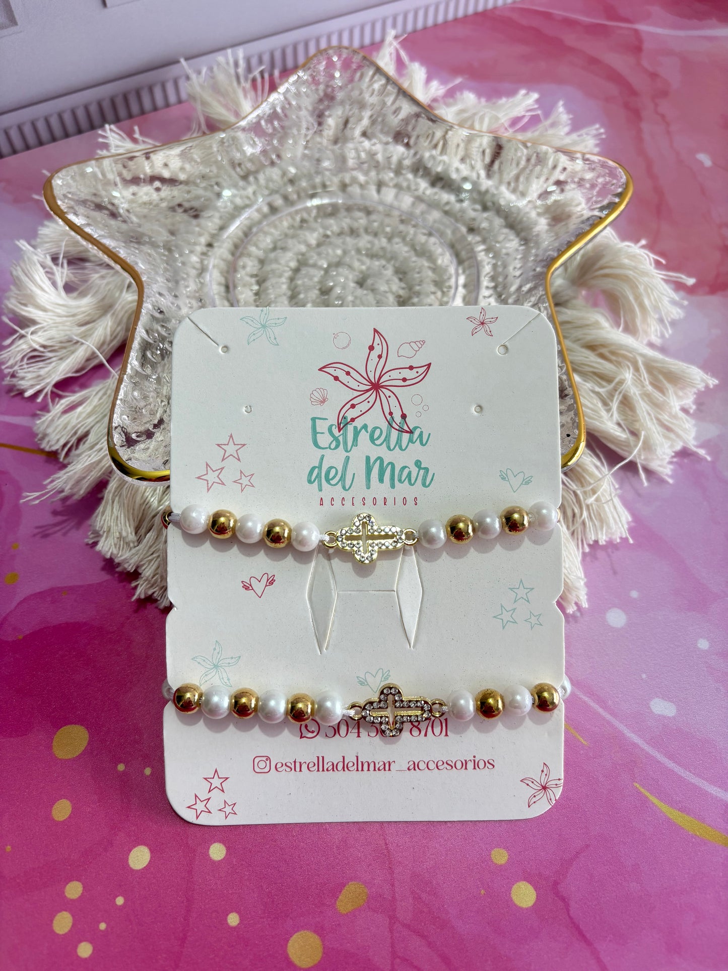 Pulsera Hilo Perlas Cruz