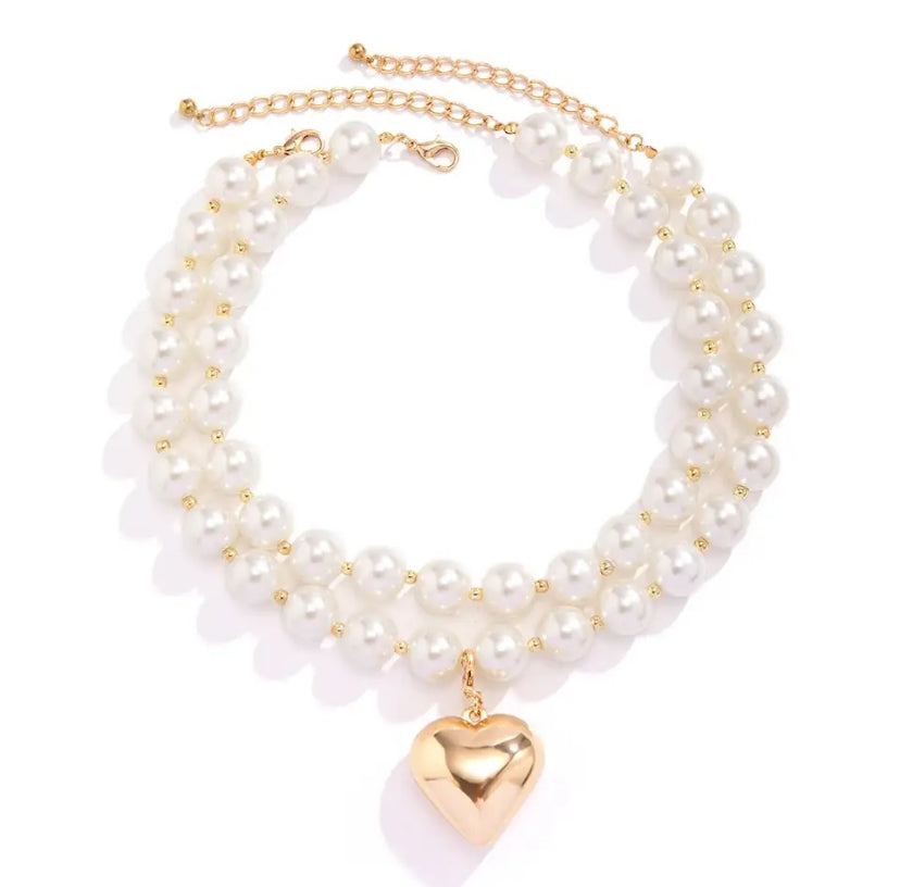 Collar Dúo Perlas Corazón Chunky