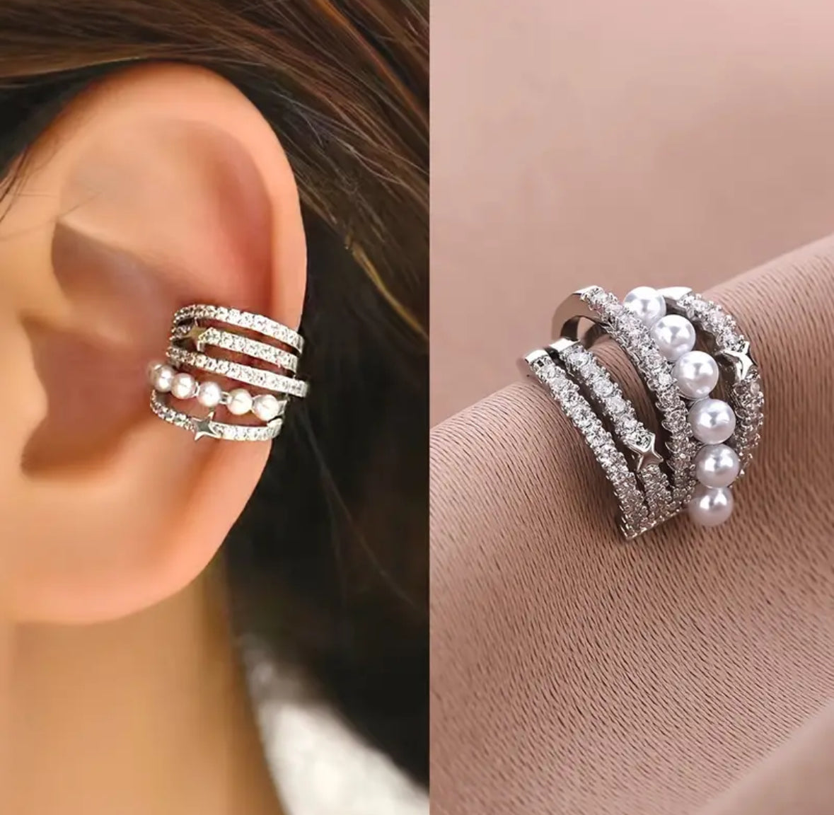 Earcuff Plateado Perlas Circones