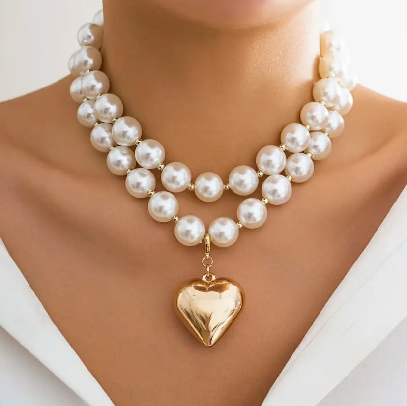 Collar Dúo Perlas Corazón Chunky