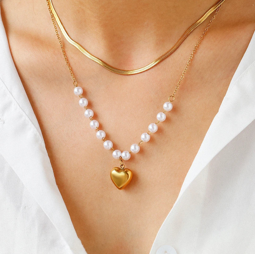 Collar Dúo Serpiente Perlas Corazón