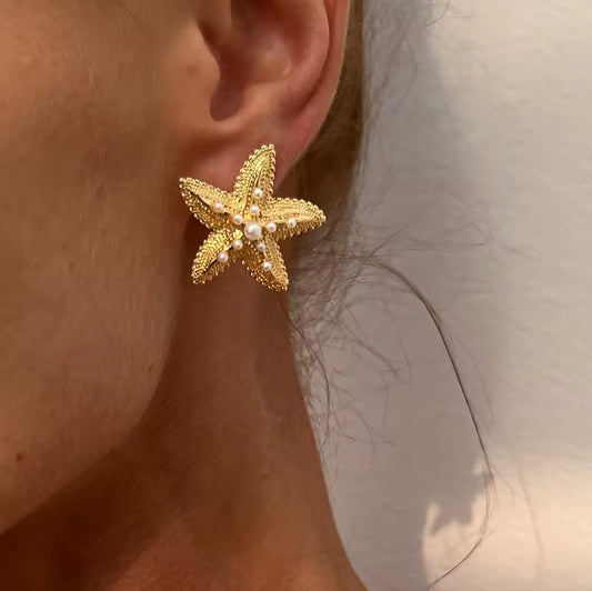 Aretes Estrella de Mar Dorada Perlas